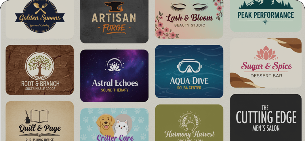 Collection of AI-generated logos showcasing various business types and design styles